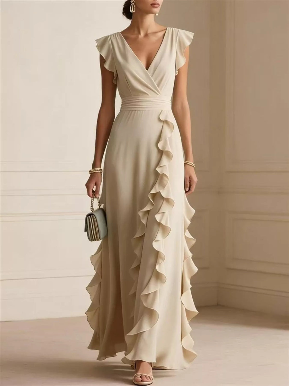 Ruffled surplice maxi dress – apricot color