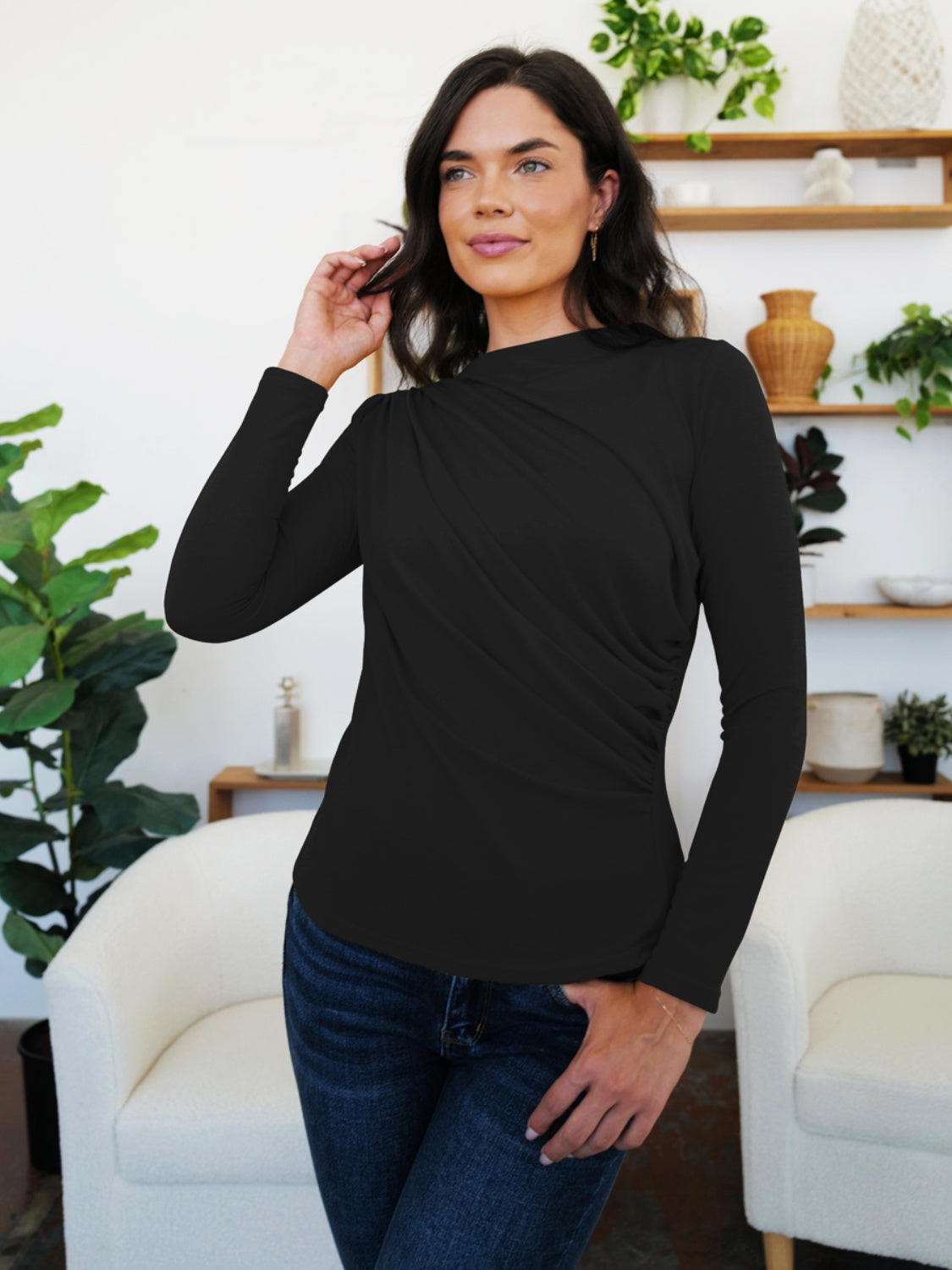 Ruched Mock Neck Long Sleeve T-Shirt