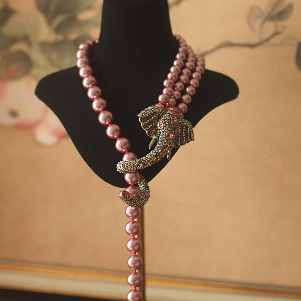 Heavy Industry Luxury Pink Elephant Gemstone Crystal Necklace