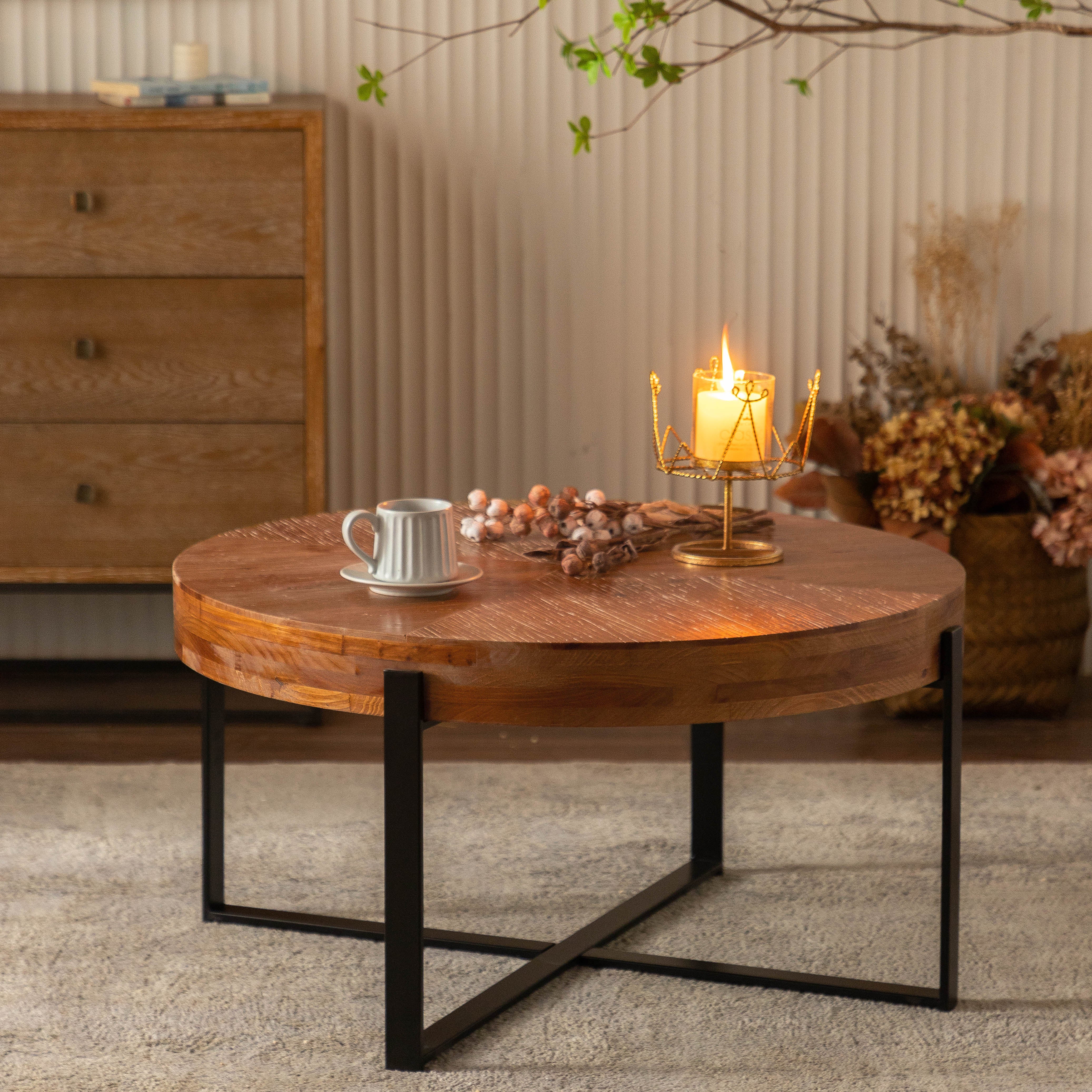 33.86"Modern Retro Splicing Round Coffee Table Fir Wood Table Top with Black Cross Legs Base(Same SKU:W757126237)