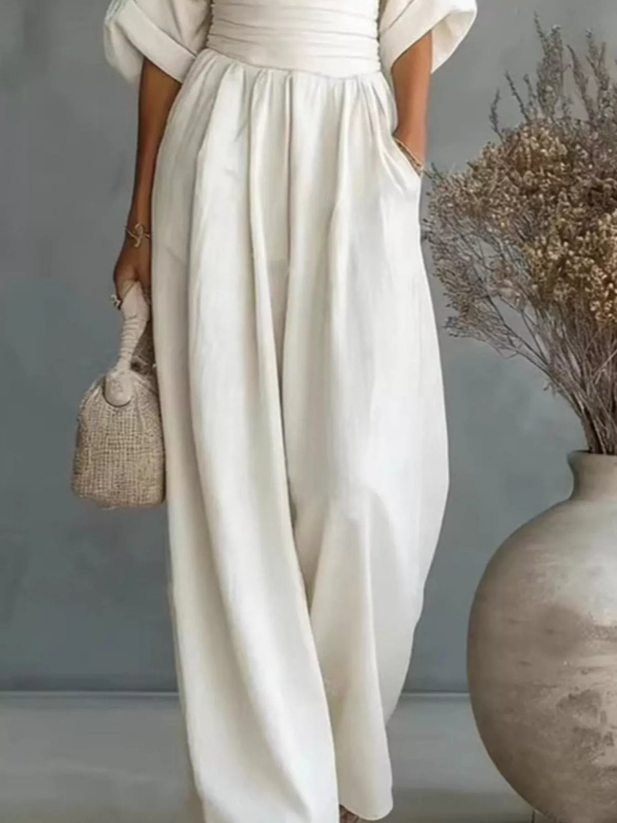 Half-sleeve wide-leg jumpsuit