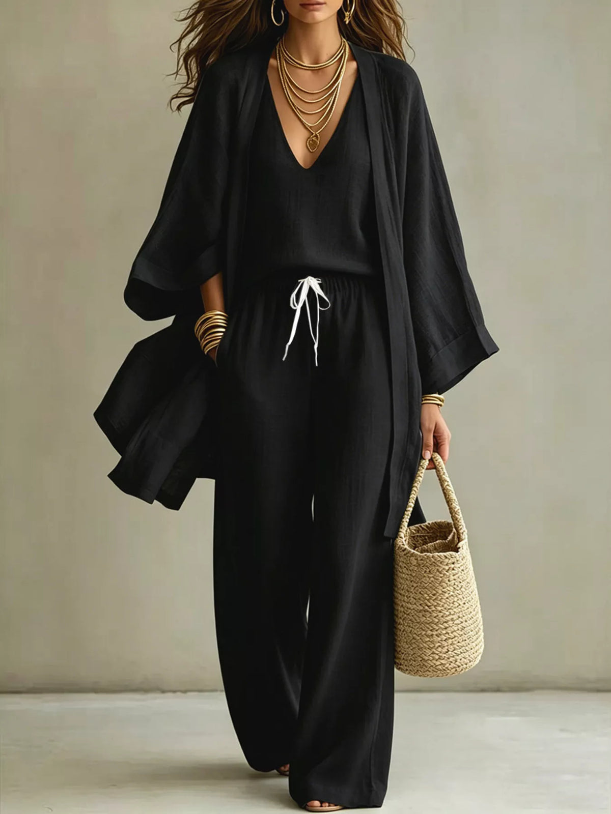 Knit cardigan three piece set, Black