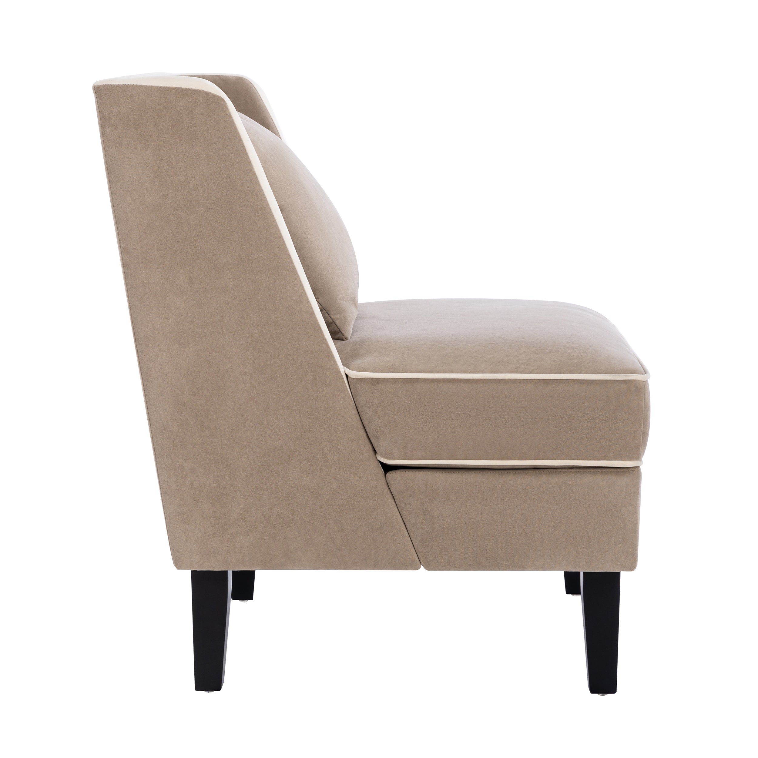 Velvet Upholstered Accent Chair with Cream Piping, Tan and Cream