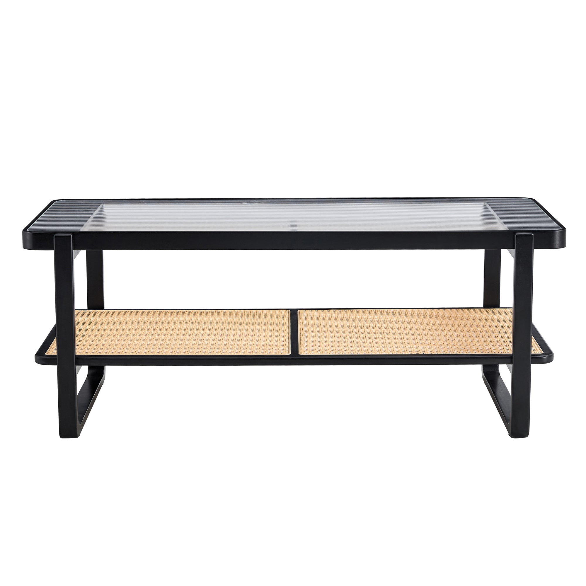 Modern minimalist rectangular double layer black solid wood imitation rattan coffee table