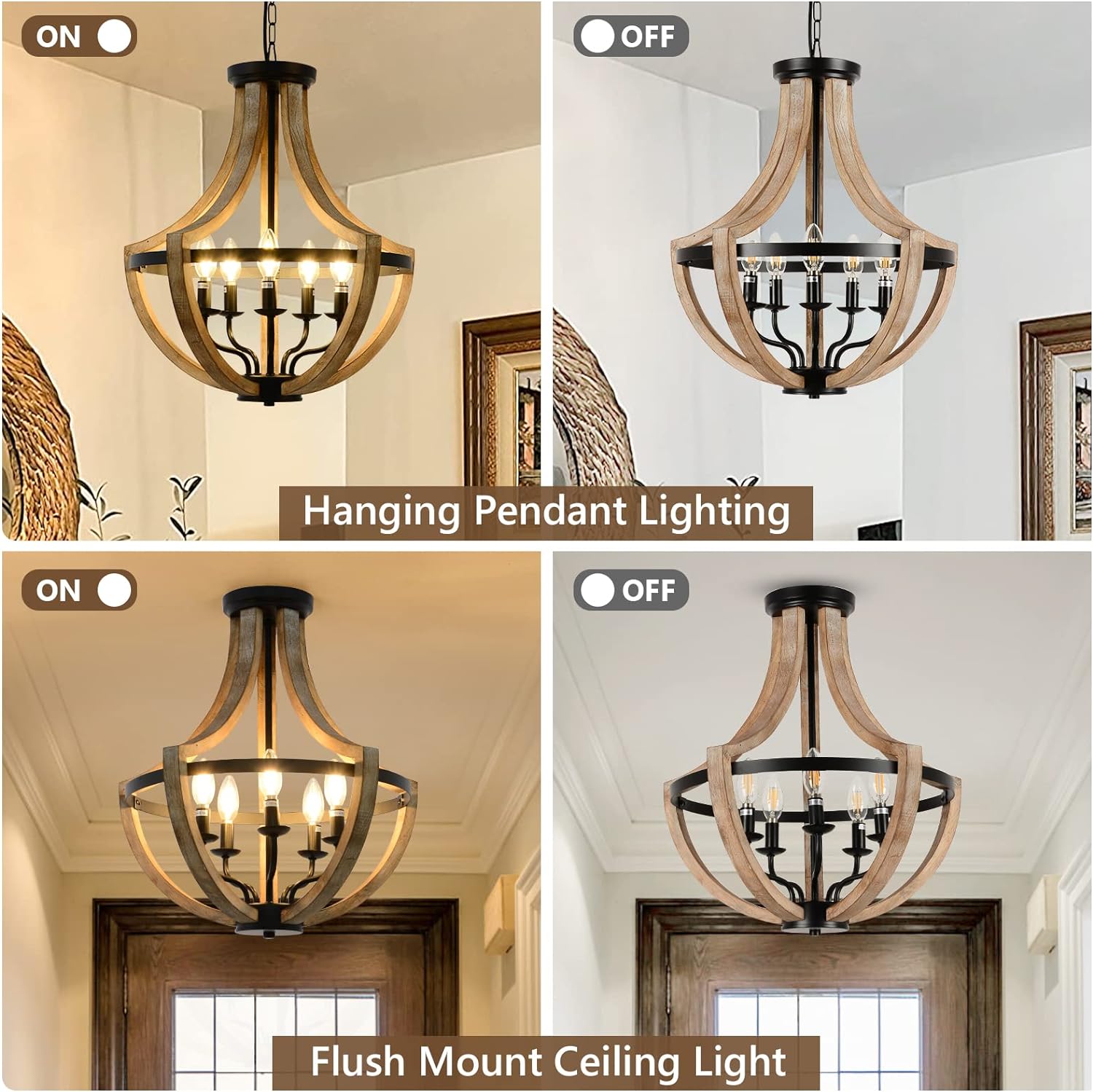 19" Farmhouse Chandelier Light Fixtures, 5-Light Dining Room Light Fixtures Over Table, Solid Wood Modern Chandeliers Brown