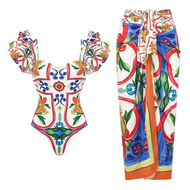 New Women's Lotus Edge Enamel Print Beach Vacation One Piece Swimwear Set