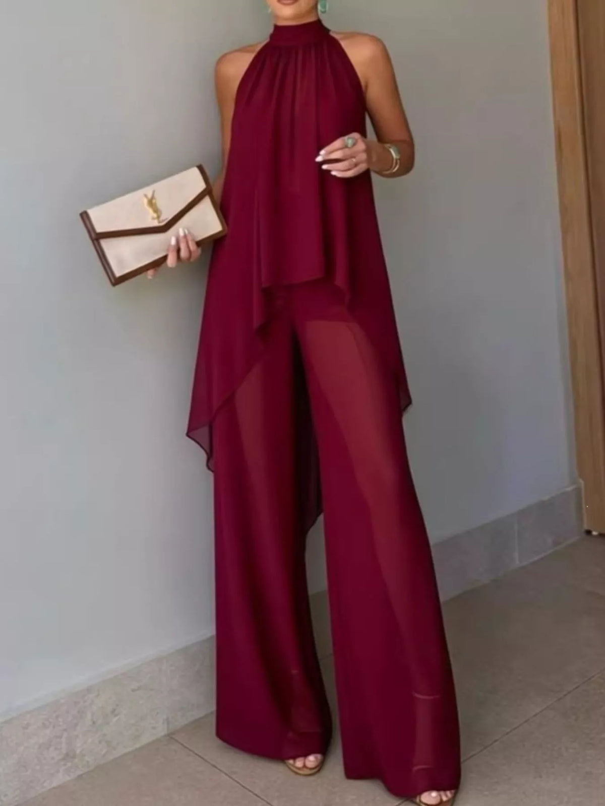 High-low sleeveless top and wide-leg pants two-piece set, Burgundy