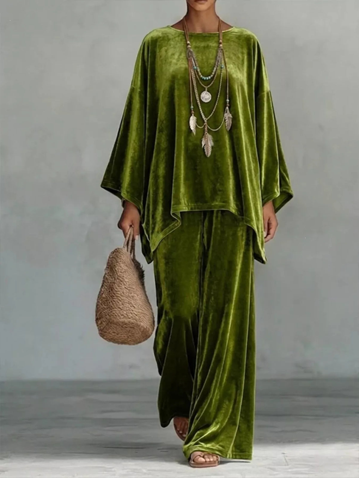 Asymmetric top and pants set – olive