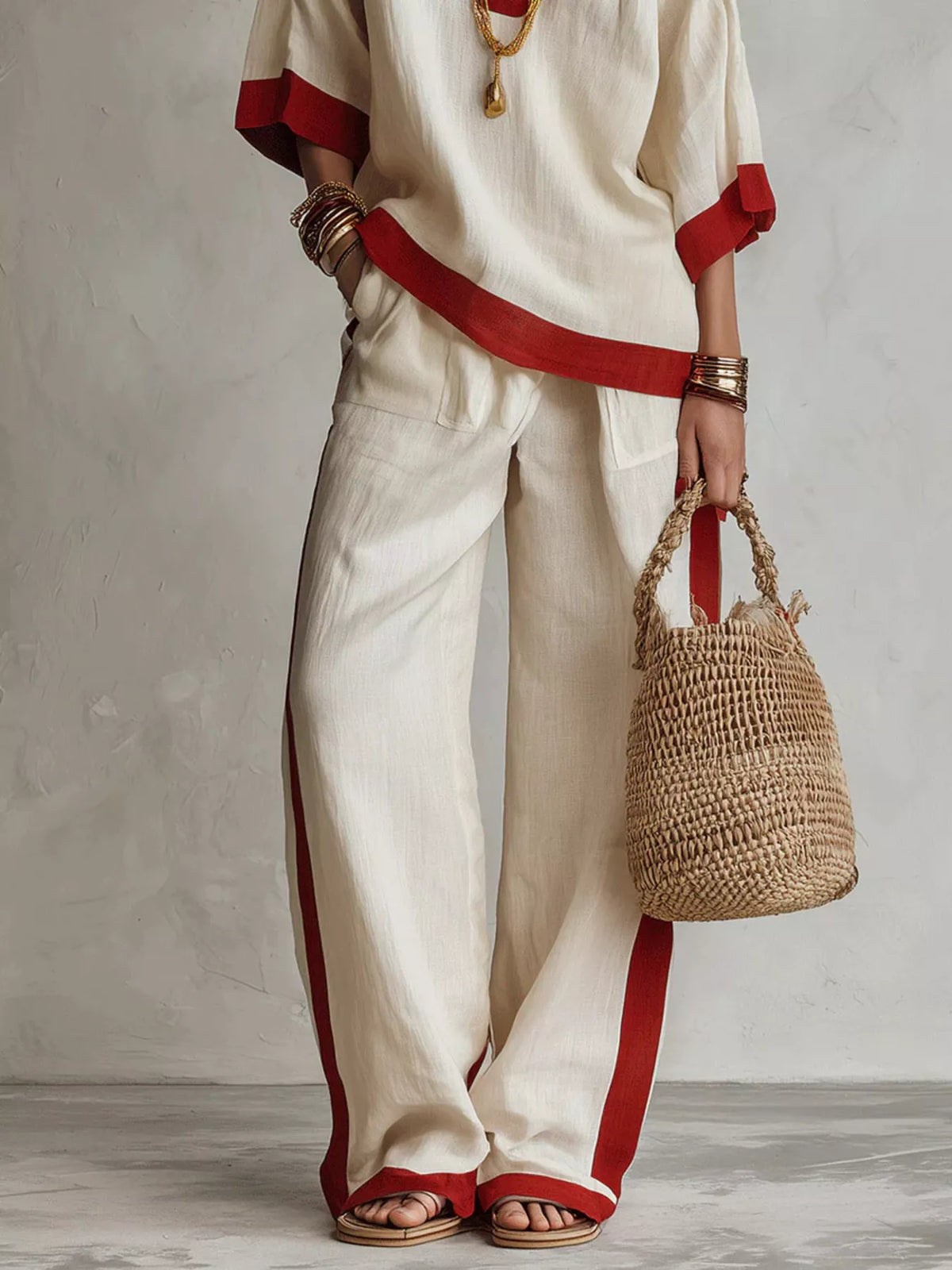 Contrast trim top and wide leg pants set