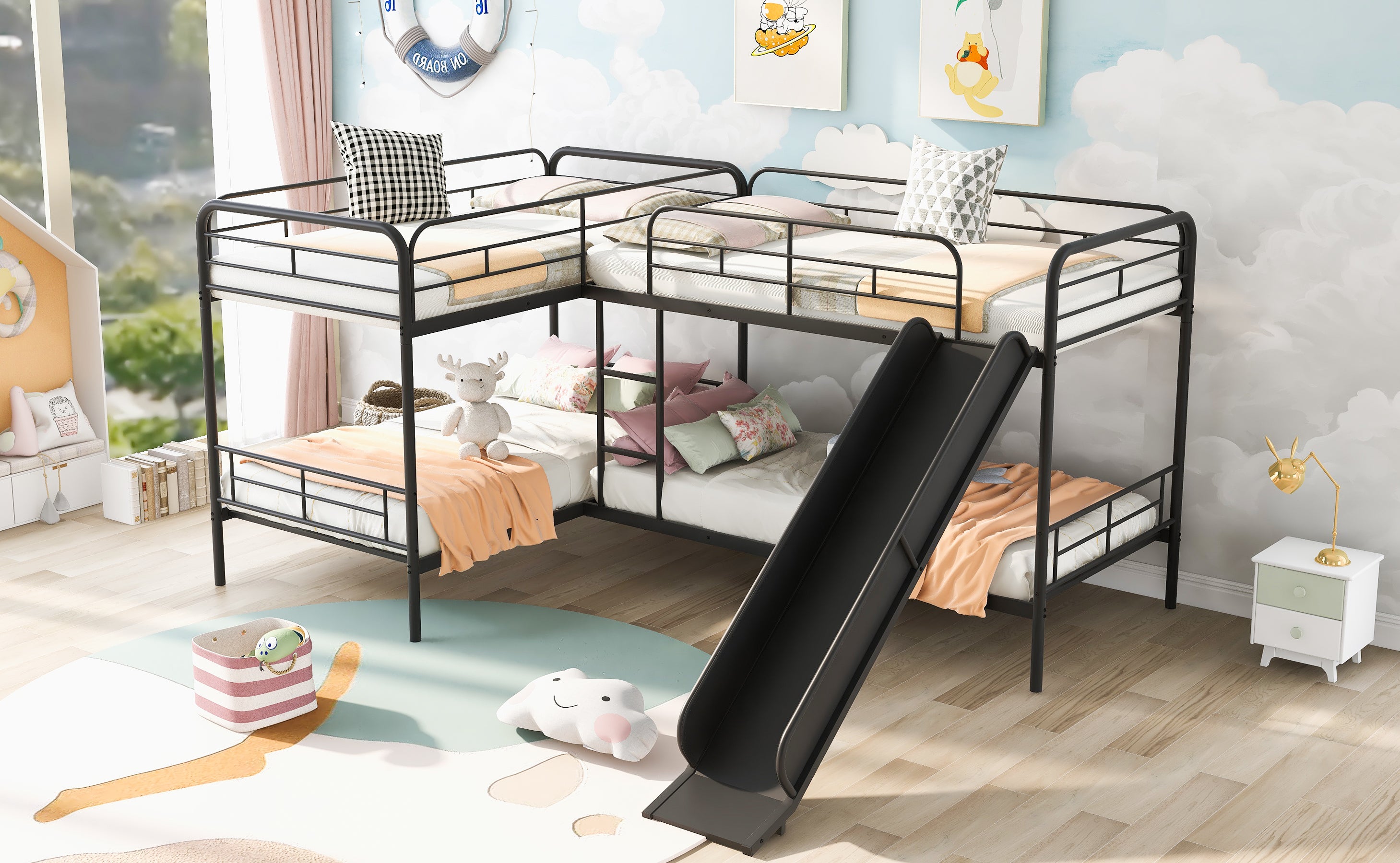 Twin Size L-Shaped Bunk Bed with Slide and Ladder  Black