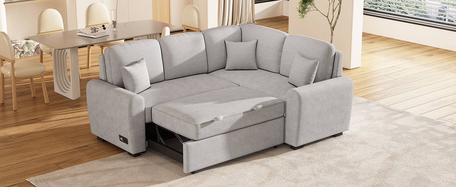 87.4"Sectional Sleeper Sofa with USB Charging Port and Plug Outlet Pull-Out Sofa Bed with 3 Pillows Grey