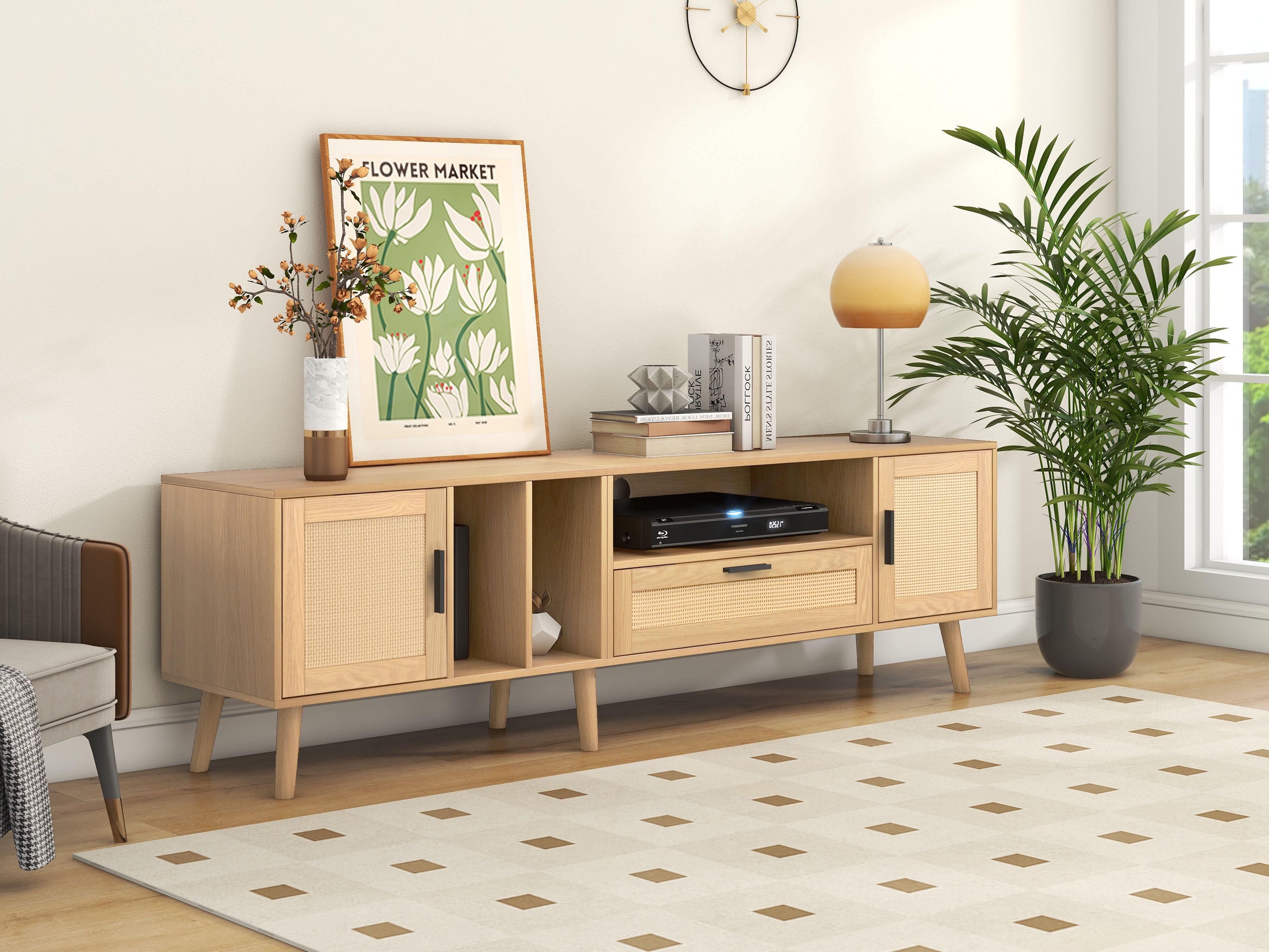 Vine TV stand with 2 cabinets and 2 open shelves, suitable for TVs under 80 inches, with solid wood legs for TV cabinets