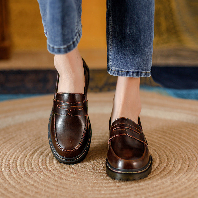 Lug sole penny loafers, Brown, on foot front