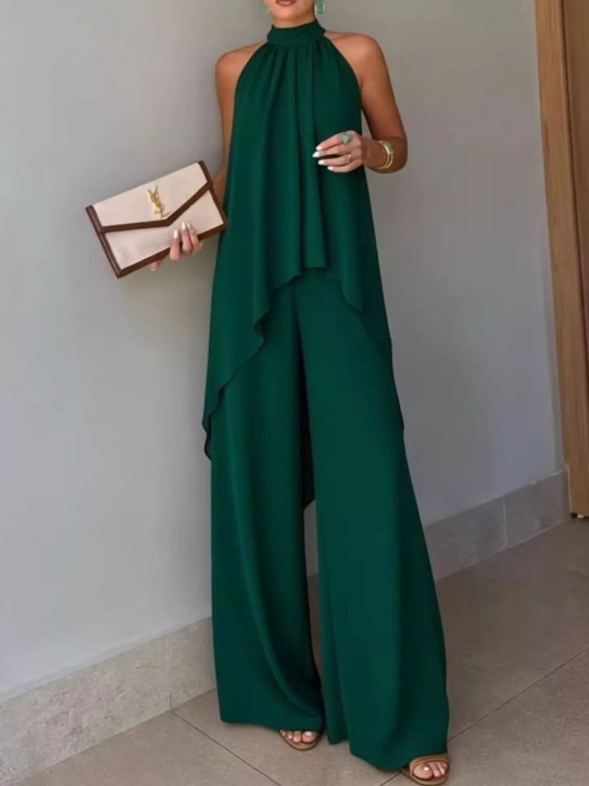 High-low sleeveless top and wide-leg pants two-piece set, Dark Green