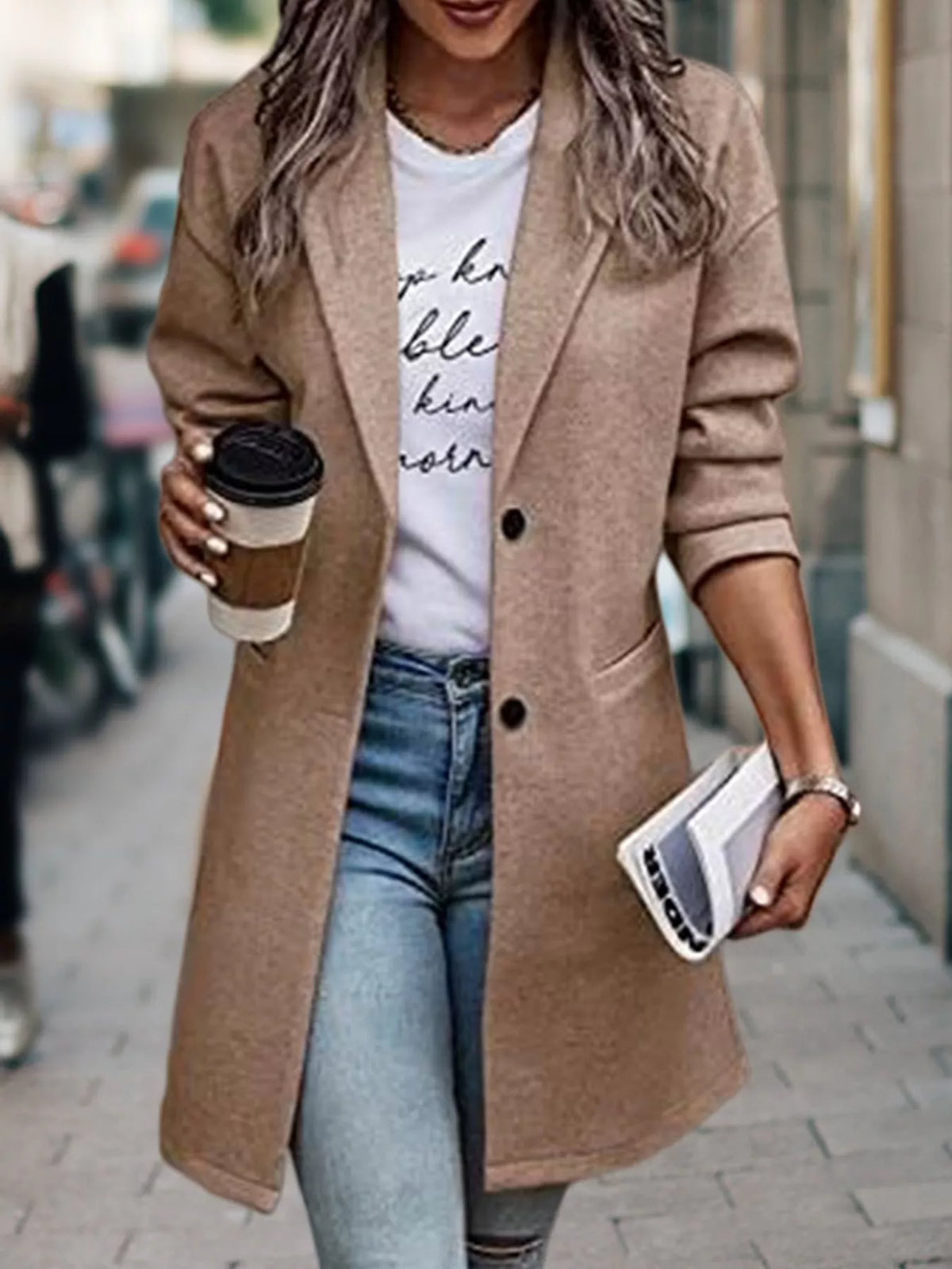 Lapel button coat – khaki