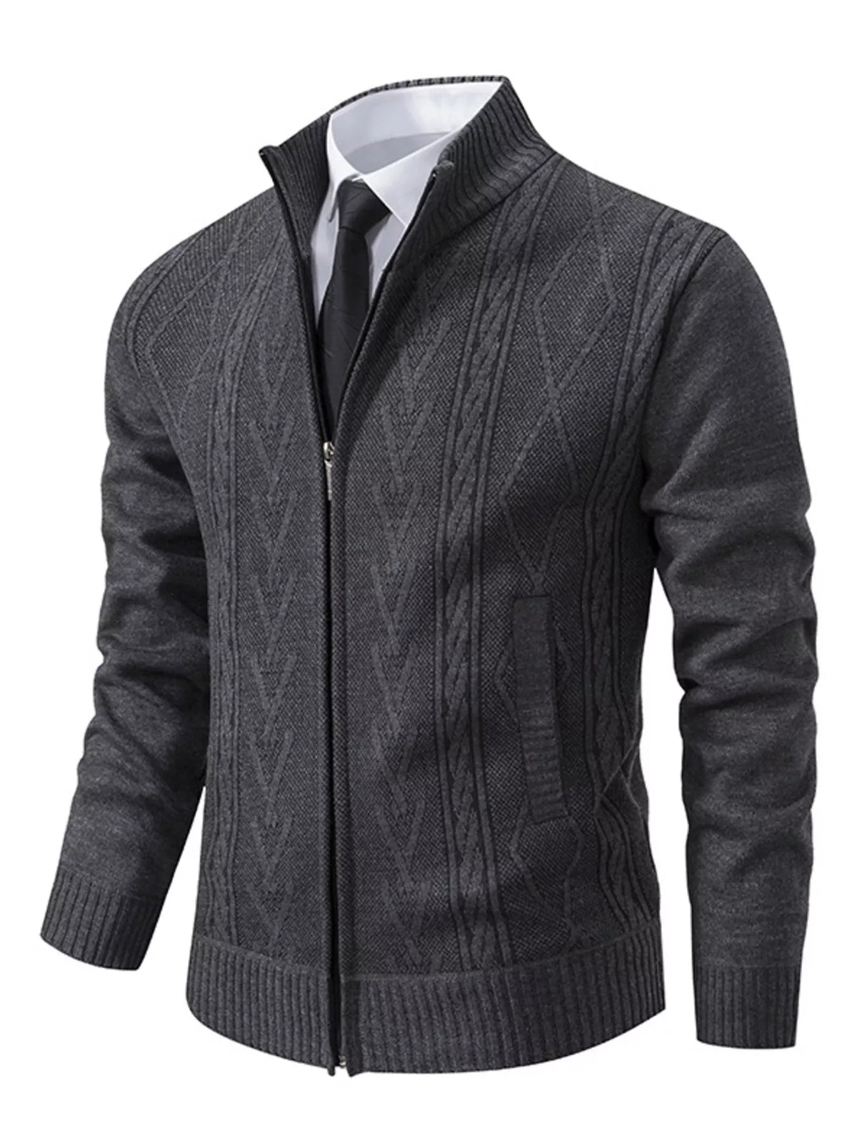 Cable-knit zip cardigan – dark gray
