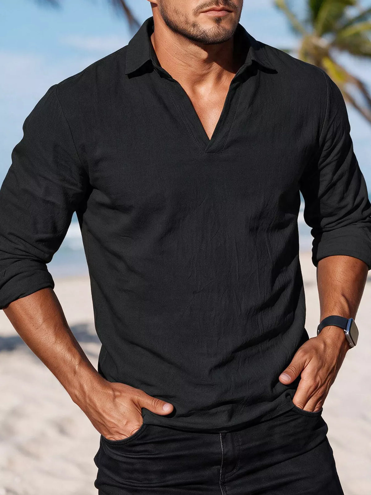 Casual long sleeve linen-blend shirt, Black