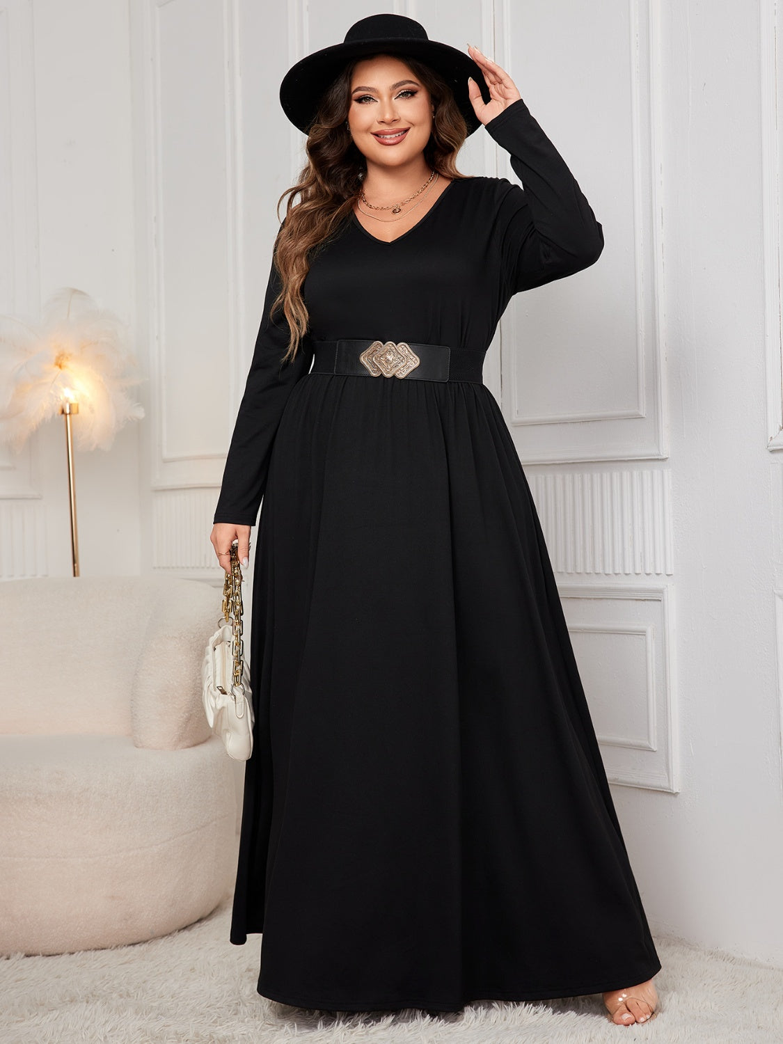 Plus Size Cutout V-Neck Long Sleeve Maxi Dress