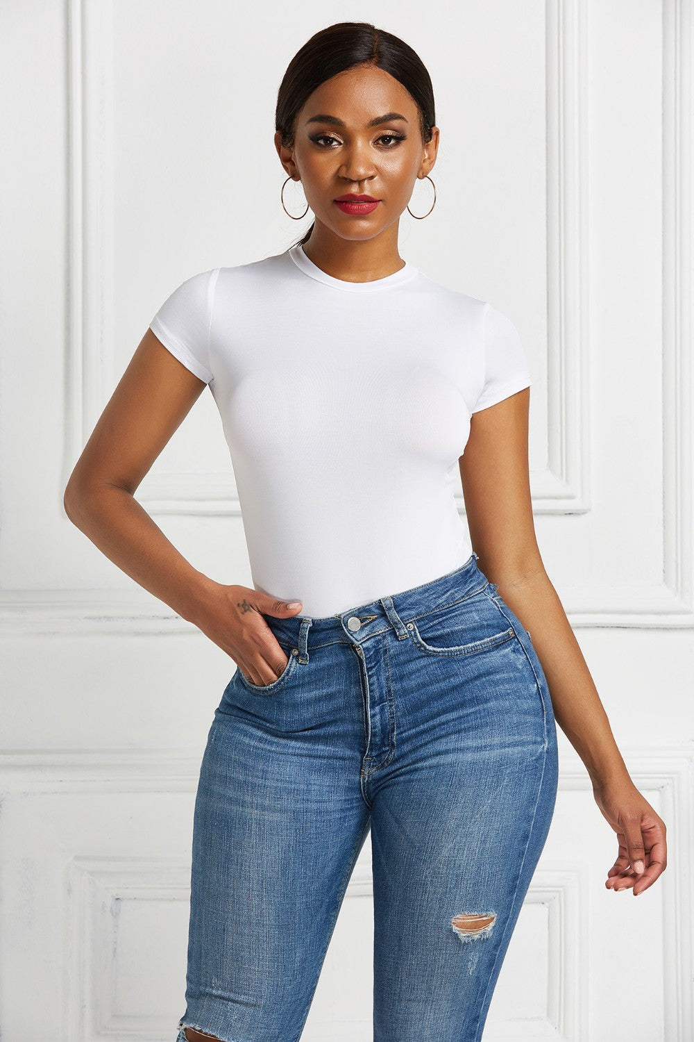 Short-sleeve crew bodysuit – white