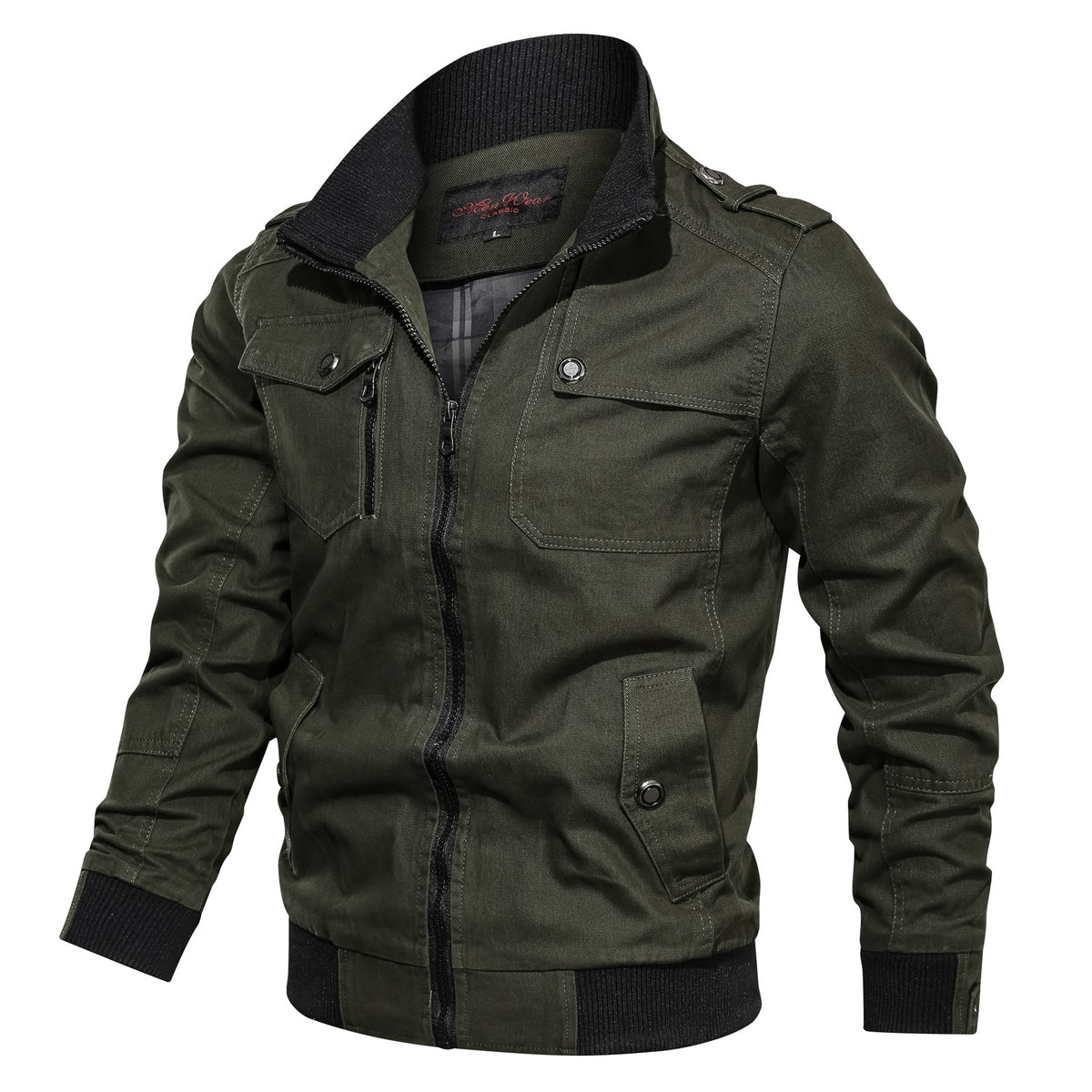 Stand collar field jacket, Olive, front
