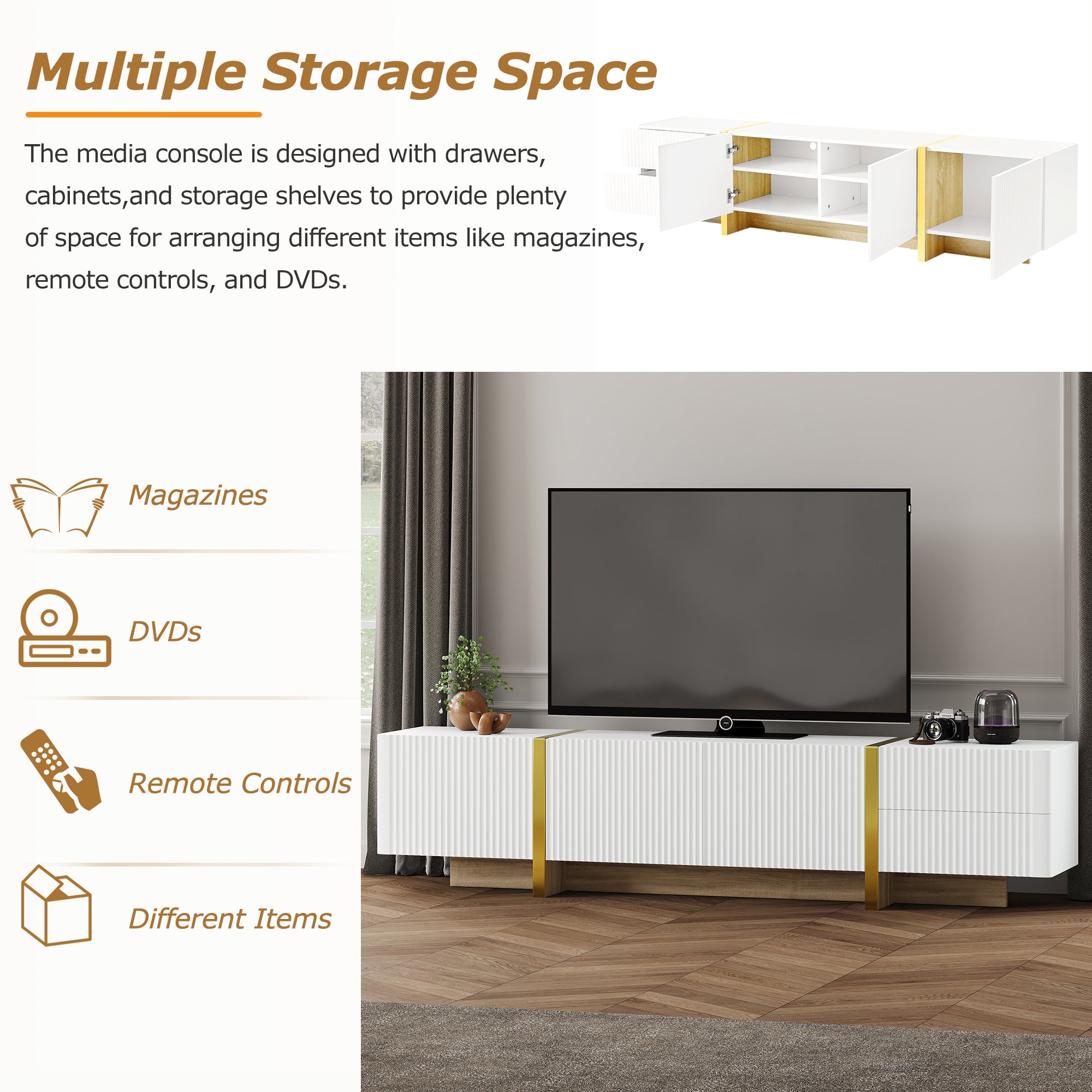 Luxury Fluted TV Stand for TVs Up to 80'', Modern Entertainment Center with Storage Cabinets & Drawer White