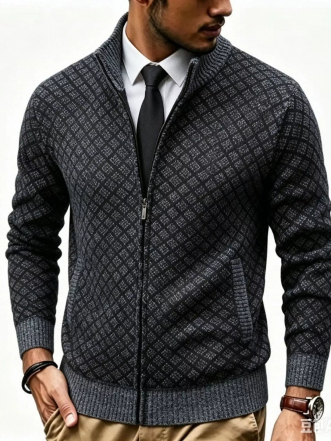 Geometric patterned full-zip cardigan, Dark Gray