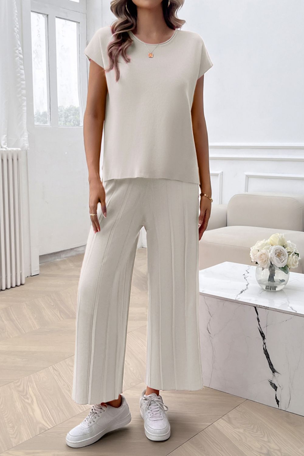 Round Neck Short Sleeve Top and Pants Set