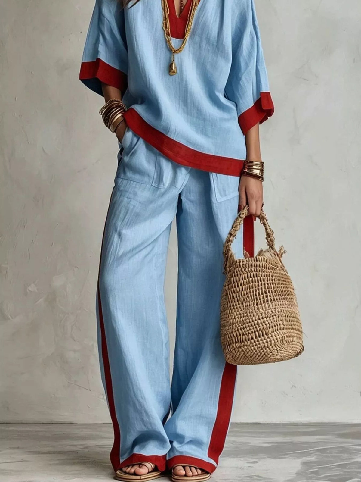 Contrast trim top and wide leg pants set