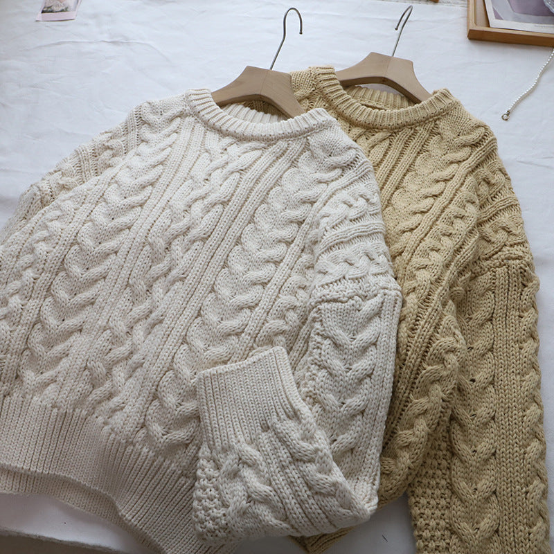 Round Neck Cable Knit Loose Lazy Versatile Thick Knitted Sweater for Women