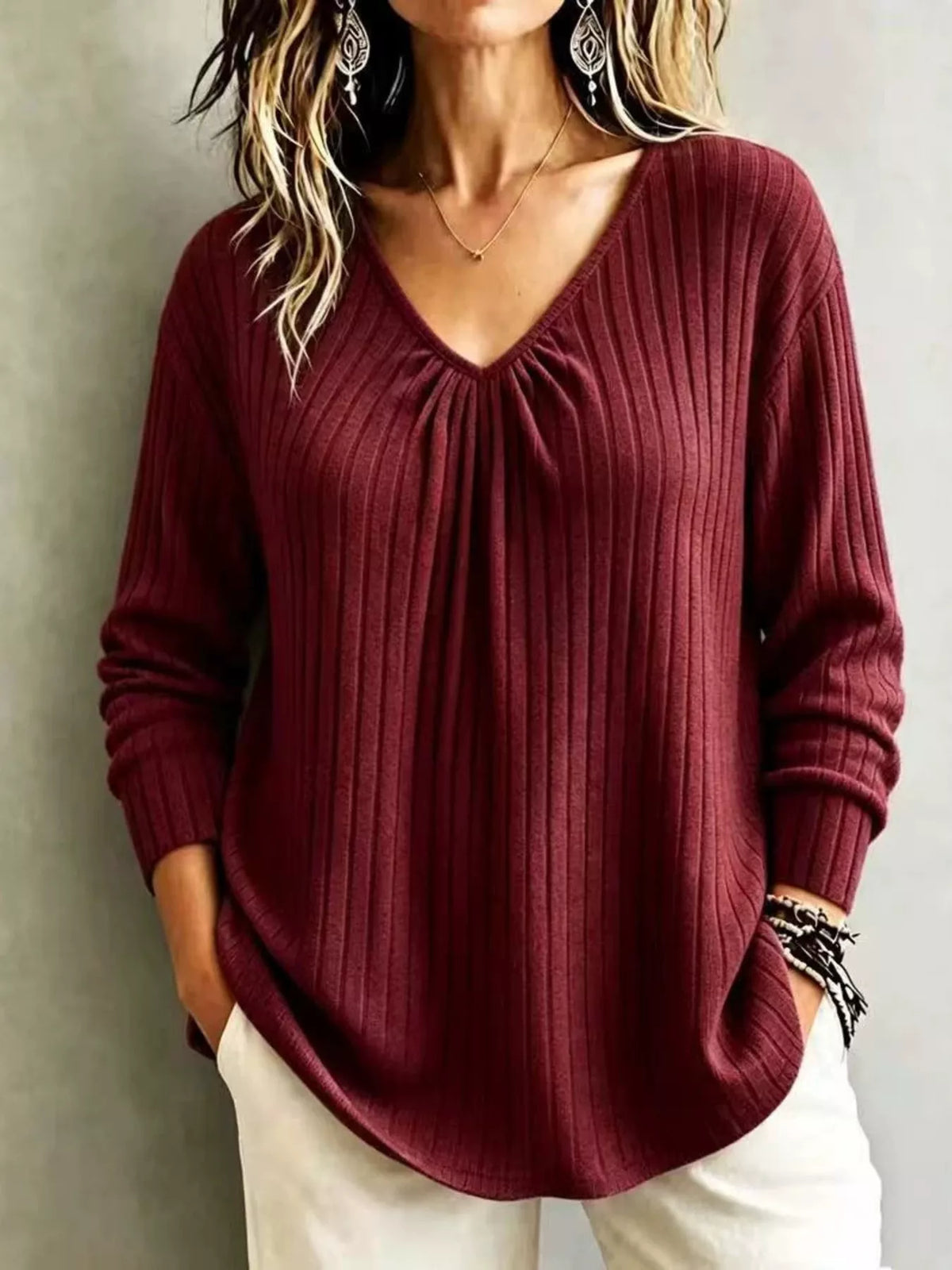 Ribbed V-neck long-sleeve tee