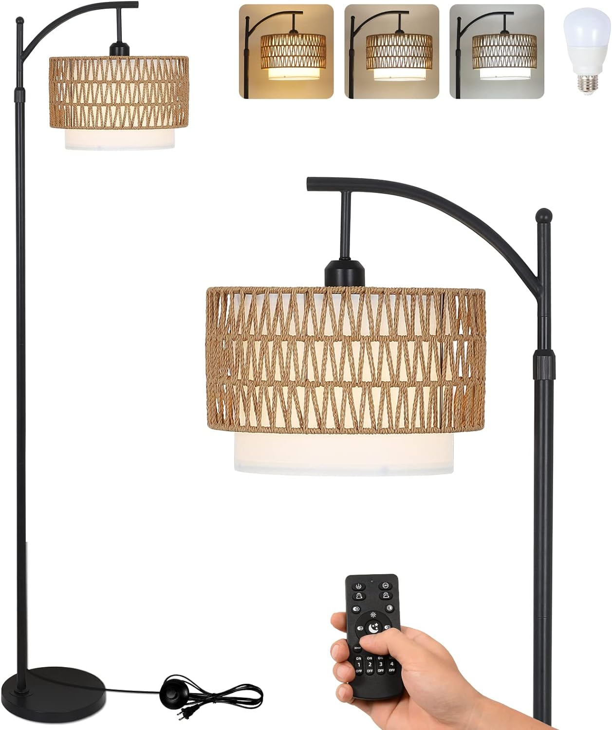 Arc Floor Lamp for Living Room with 3 Color Temperatures, Farmhouse Floor Lamps with Remote & Dimmable Bulb Office