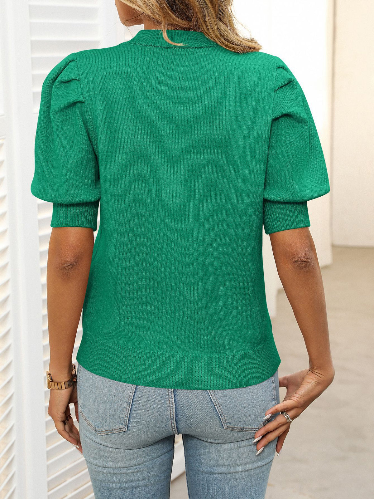 Puff-sleeve mock-neck sweater