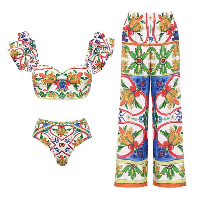 New Women's Lotus Edge Enamel Print Beach Vacation One Piece Swimwear Set