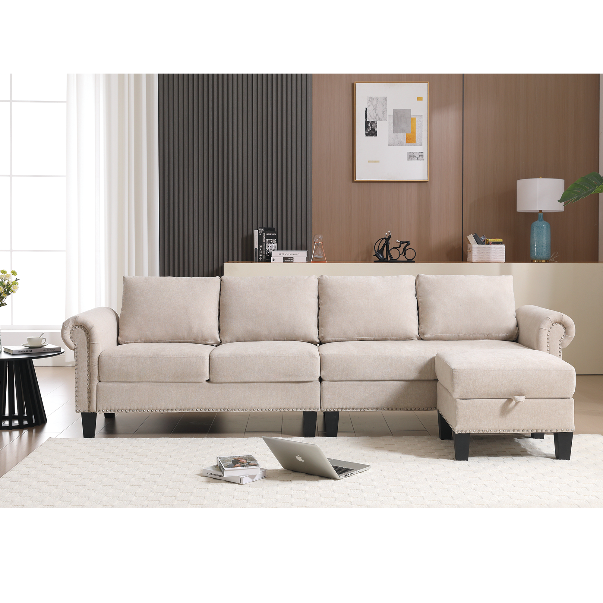 Convertible Sectional Sofa with Storage,L-shaped sofa,Four-seater sofa,Modern Linen Fabric Sectional Couches Beige