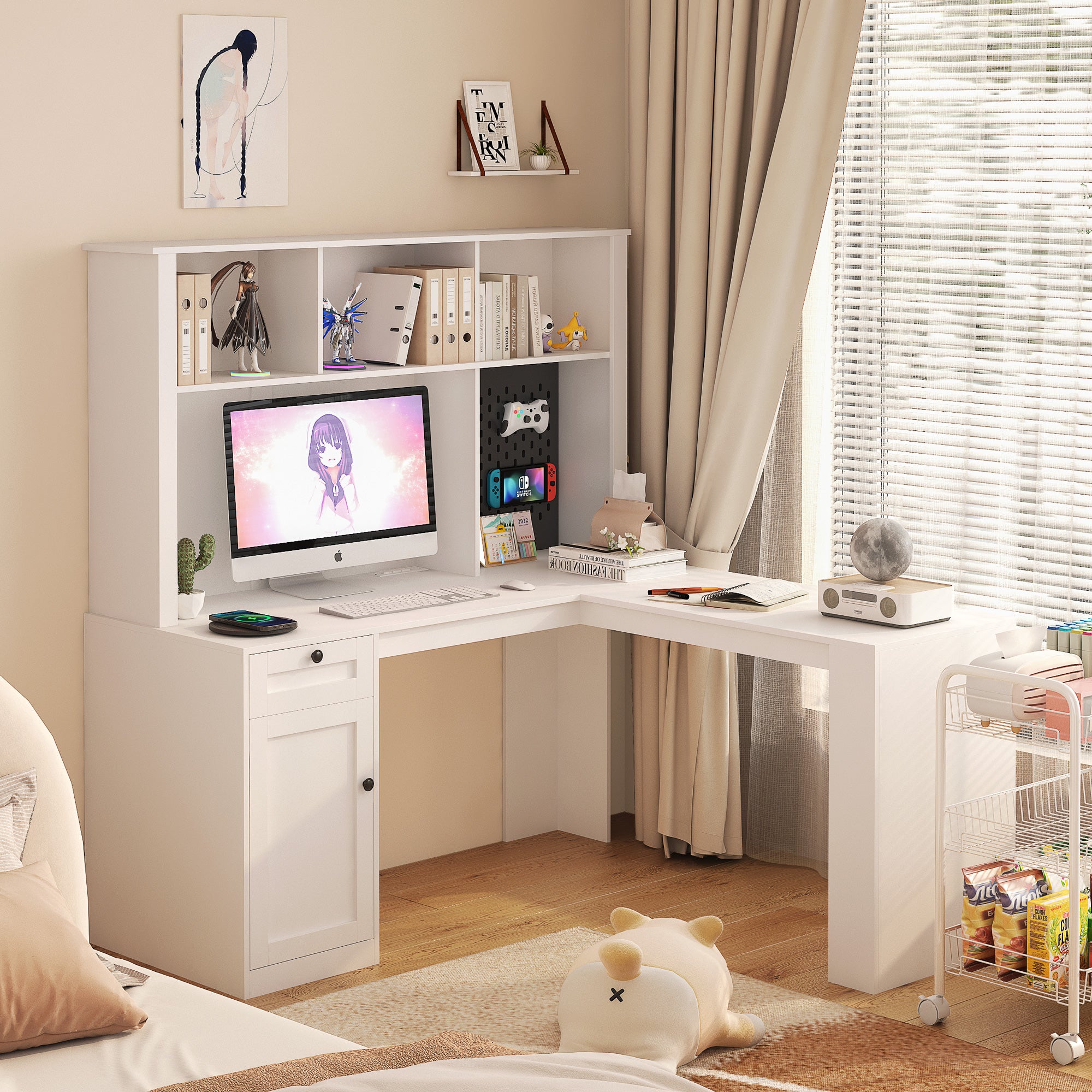 Corner gaming computer desk with socket, drawers, bookshelf and writing desk, modern L-shaped learning desk with storage space