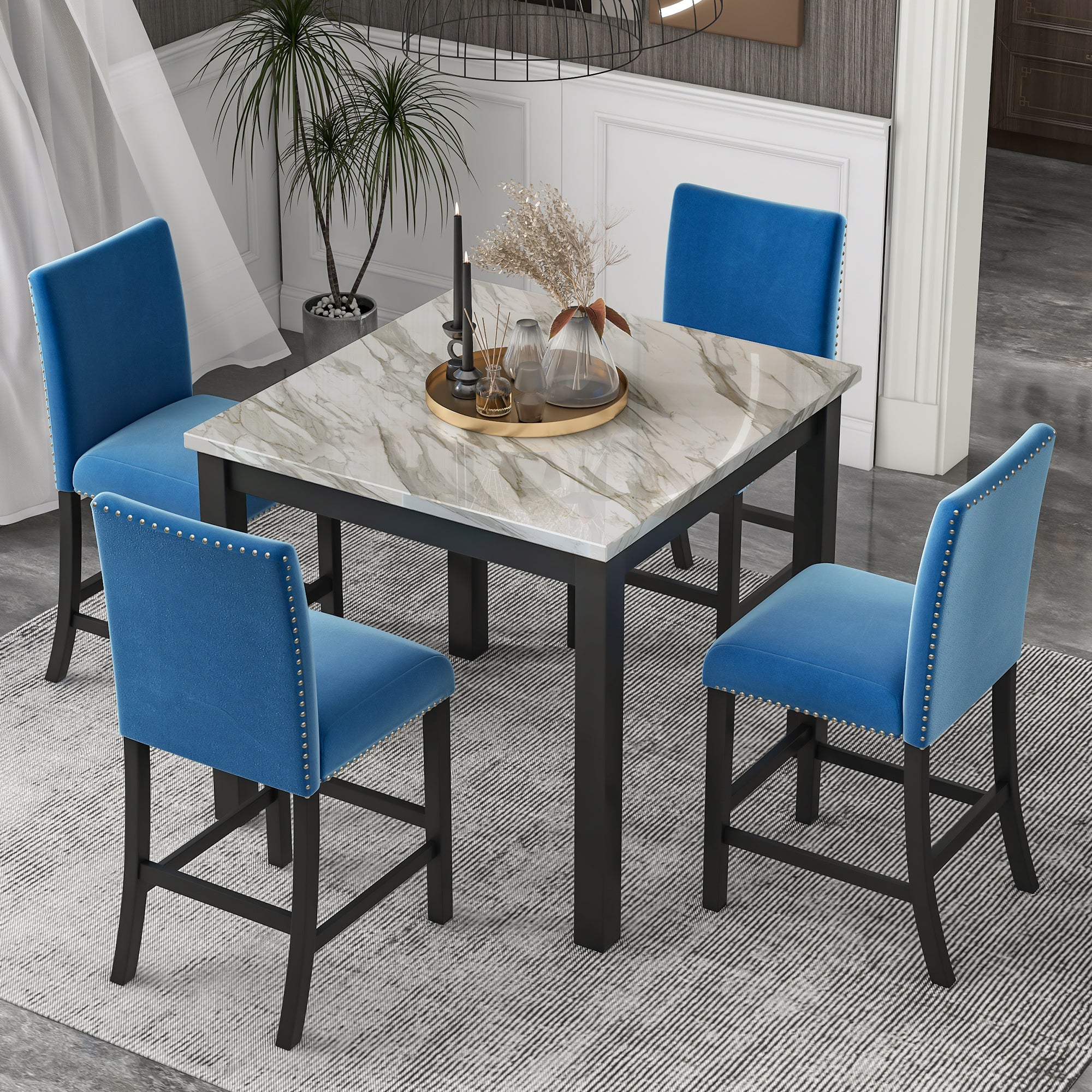 5-piece Counter Height Dining Table Set with One Faux Marble Dining Table and Four Upholstered-Seat Chairs Blue