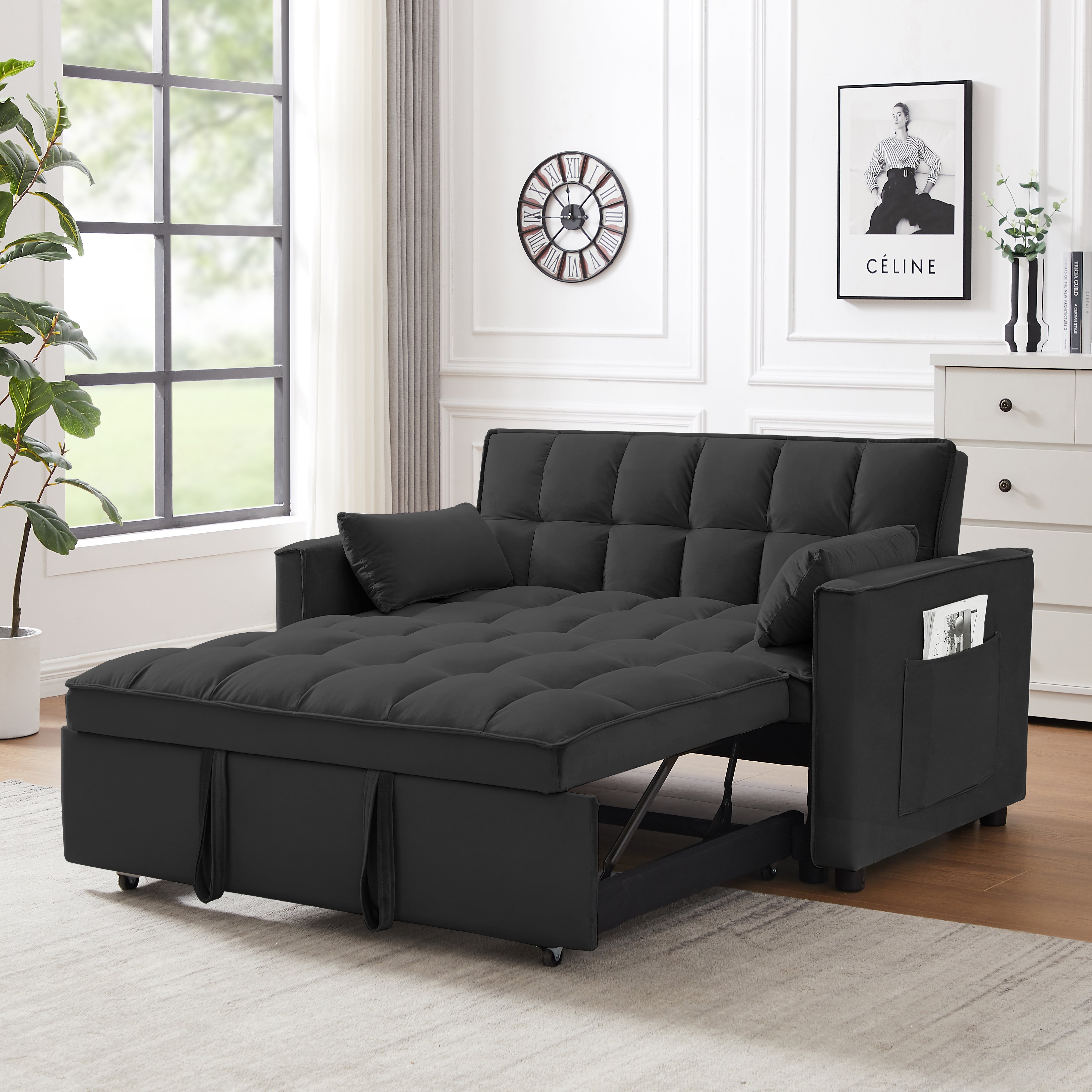 Modern Velvet Loveseat Futon Sofa with Pull out Bed, Backrest, Pillow, Pocket 3-in-1 Convertible Sleeper Sofa Bed, Black