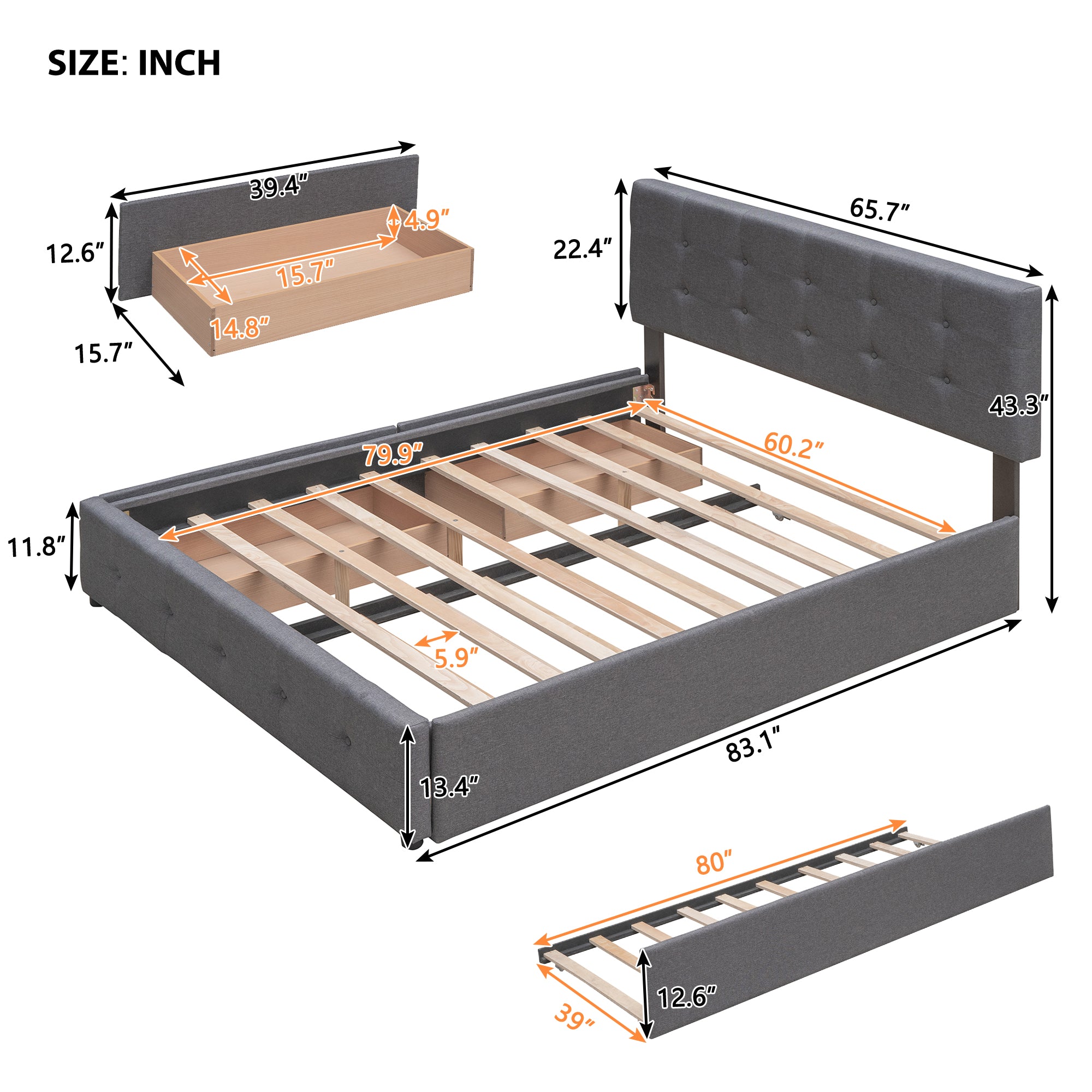 Upholstered Platform Bed with 2 Drawers and 1 Twin XL Trundle Linen Fabric Queen Size - Dark Gray