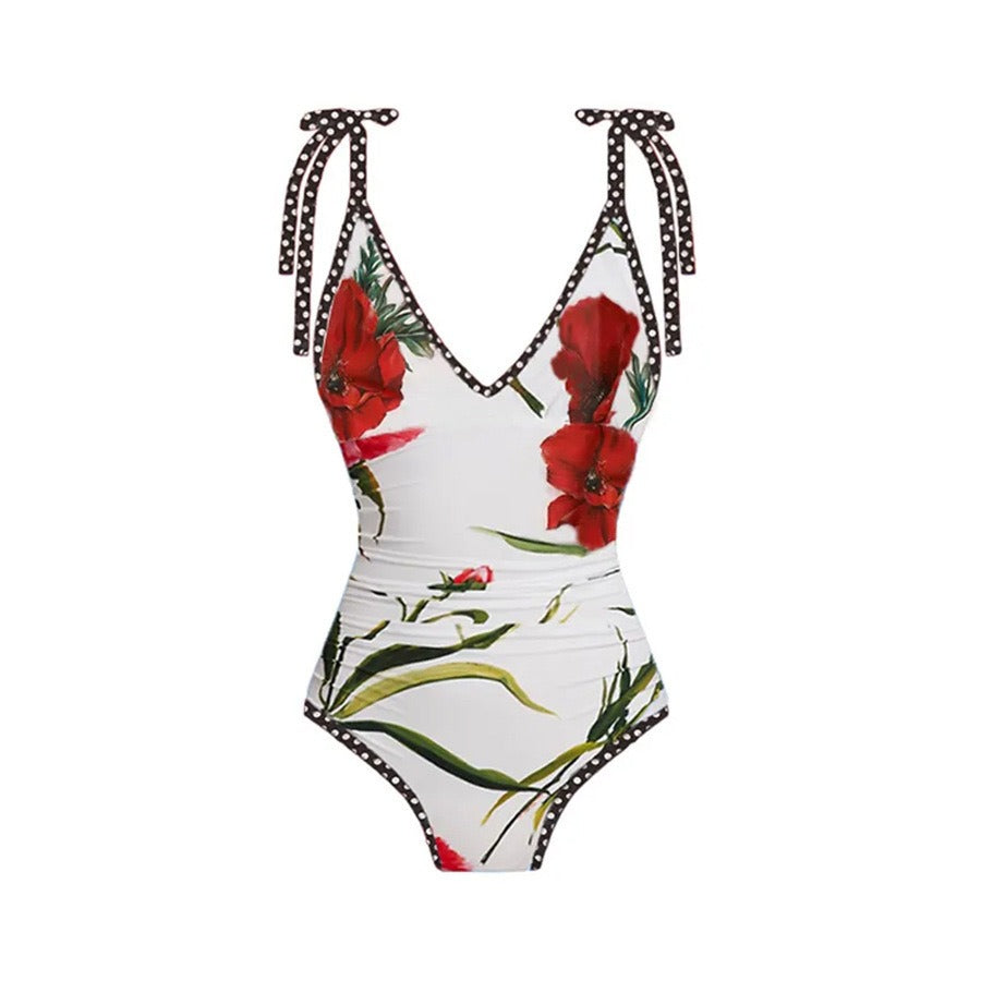 New printed one piece women's swimsuit set, European and American French retro belly covering and slimming swimsuit, chiffon san