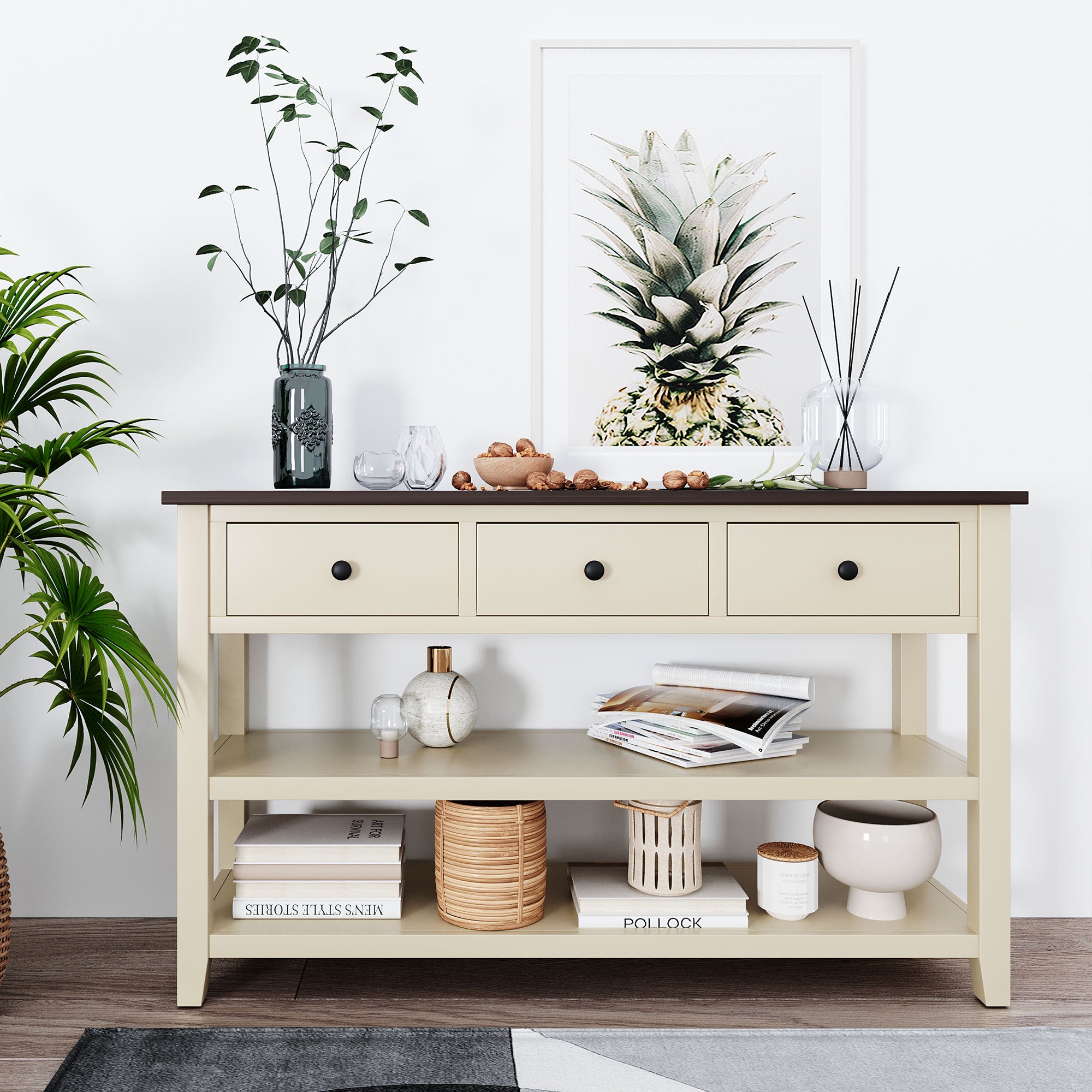 Retro Design Console Table with Two Open Shelves, Pine Solid Wood Frame and Legs for Living Room (Espresso+Beige)