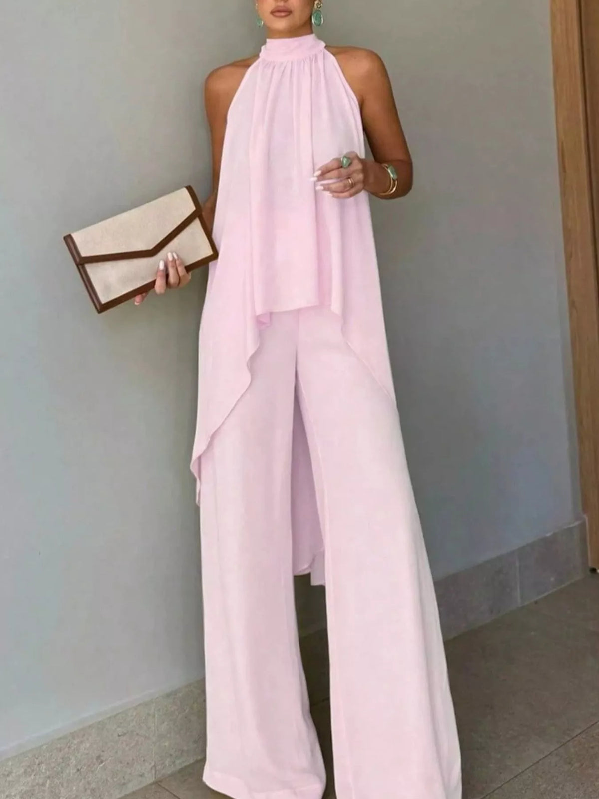 High-low sleeveless top and wide-leg pants two-piece set, Pink