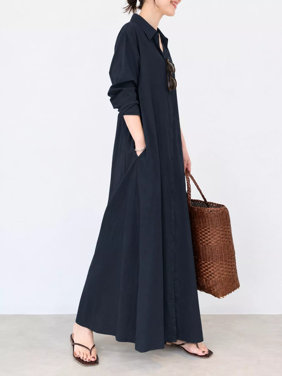 Button front long sleeve maxi shirt dress