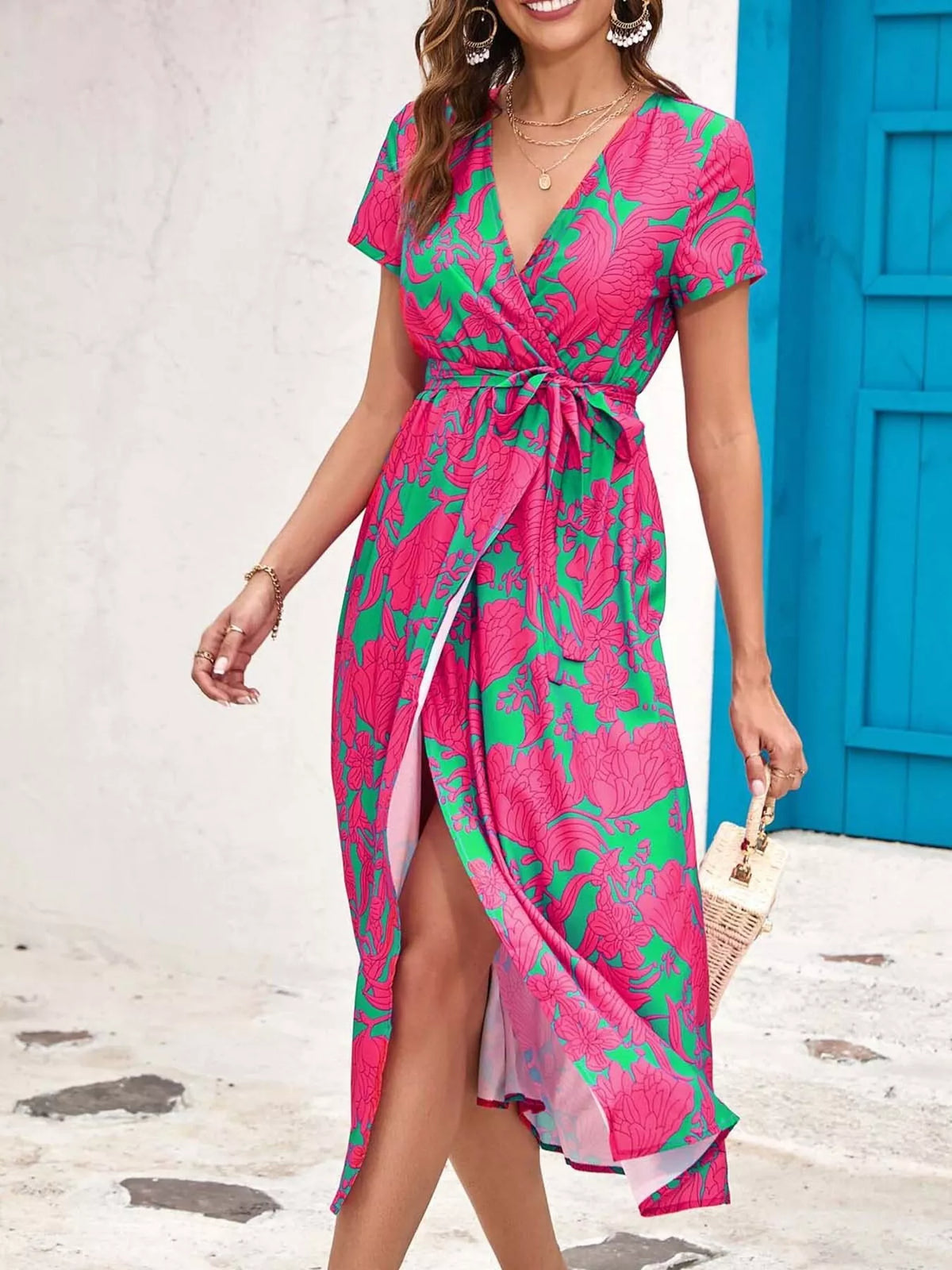 Surplice midi dress – hot pink