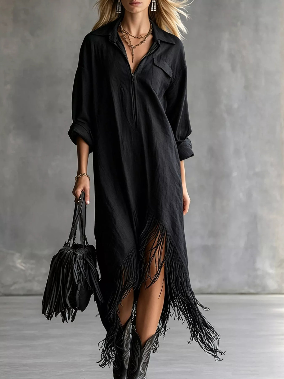 Fringe-hem zip shirt dress – black