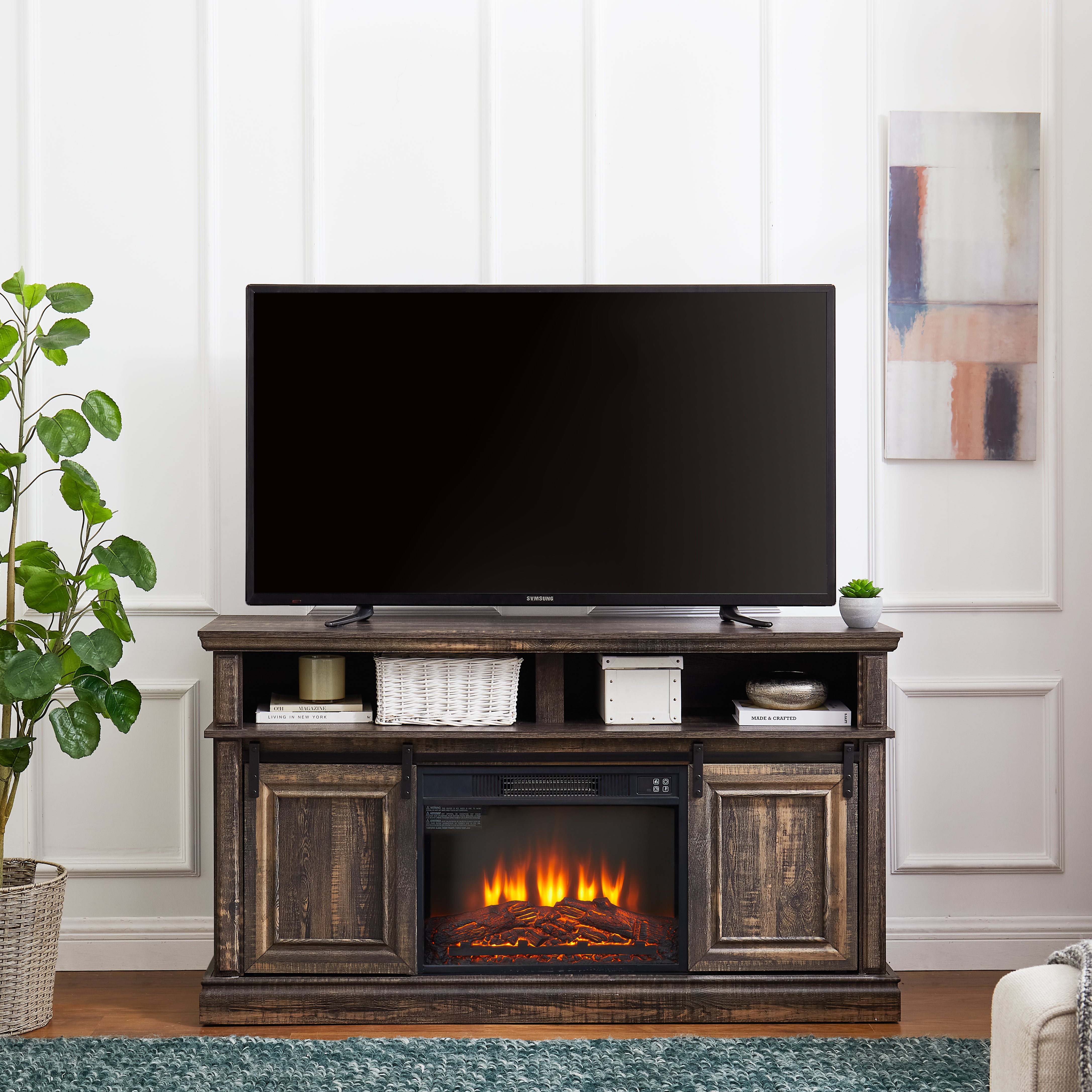 Entertainment console multifunctional sliding door cabinet with 23 inch fireplace 58.11 '* 15.79' * 32.36 'antique brown