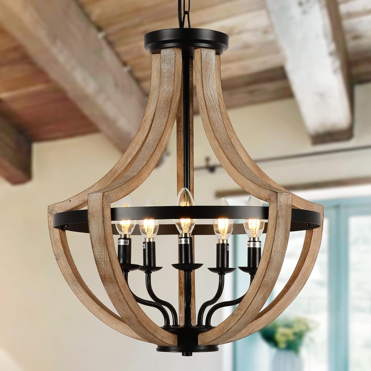 19" Farmhouse Chandelier Light Fixtures, 5-Light Dining Room Light Fixtures Over Table, Solid Wood Modern Chandeliers Brown