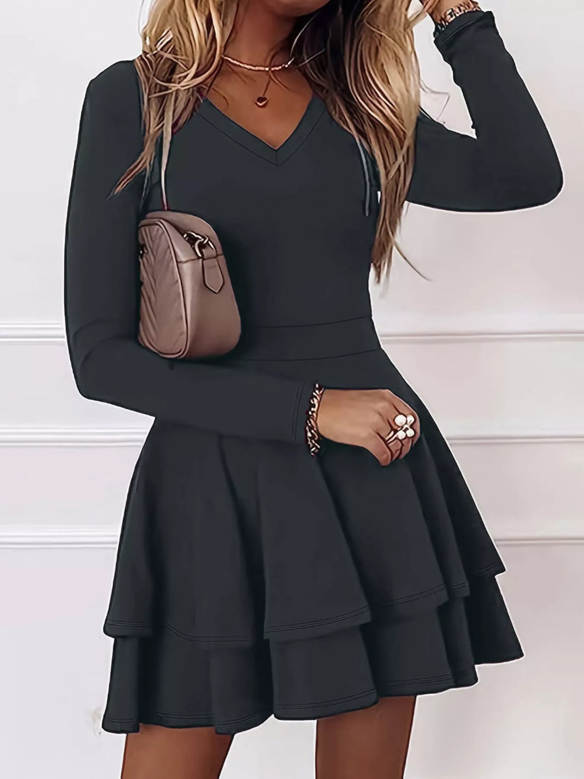 V-neck long sleeve layered ruffle mini dress, Dark Gray