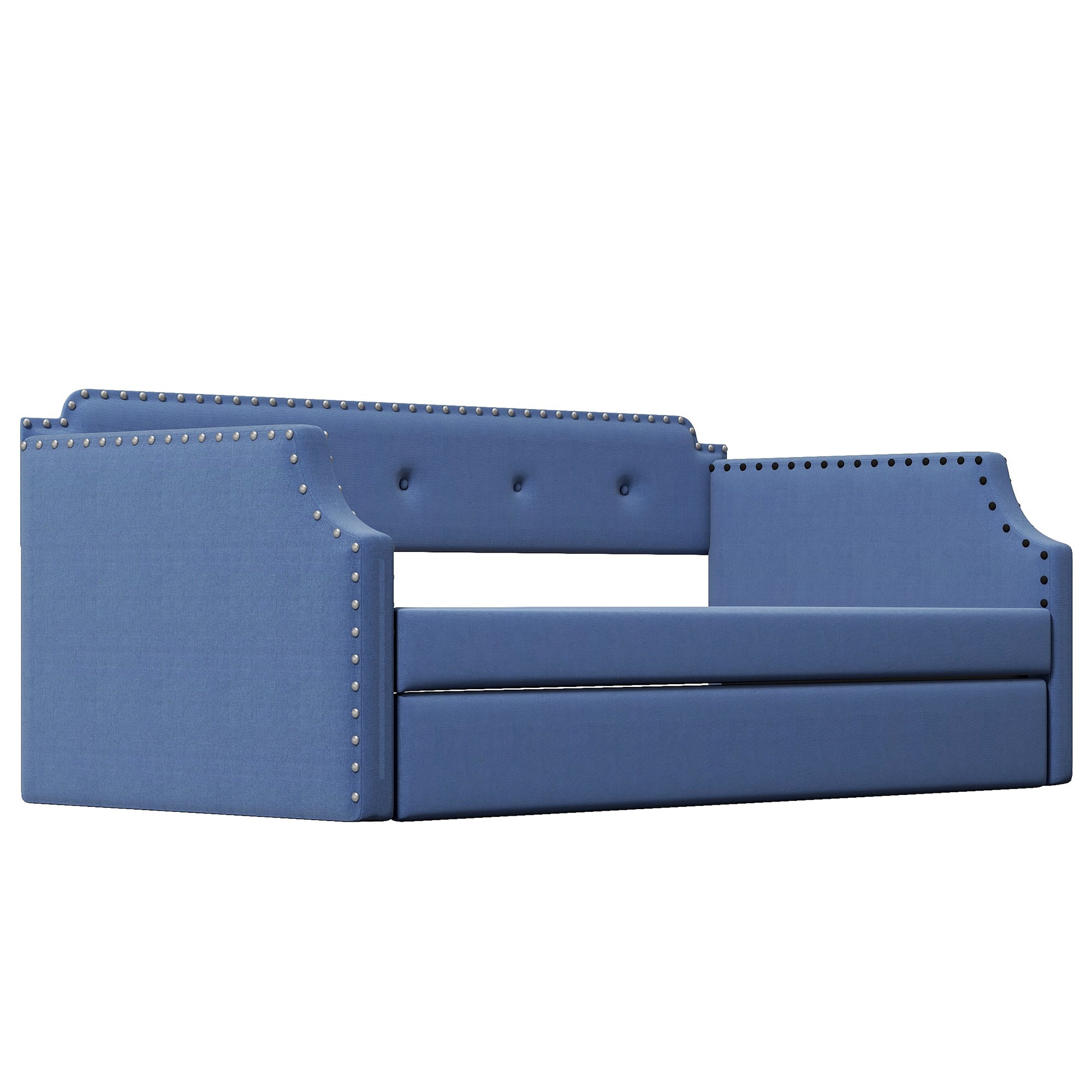 Upholstered Daybed with Trundle, Wood Slat Support,Upholstered Frame Sofa Bed Twin Blue