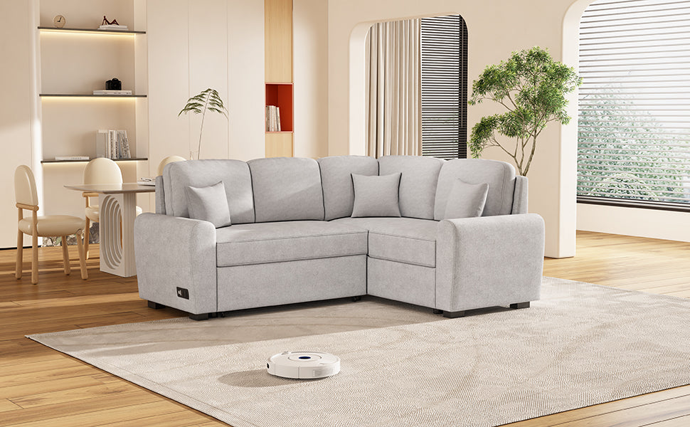 87.4"Sectional Sleeper Sofa with USB Charging Port and Plug Outlet Pull-Out Sofa Bed with 3 Pillows Grey