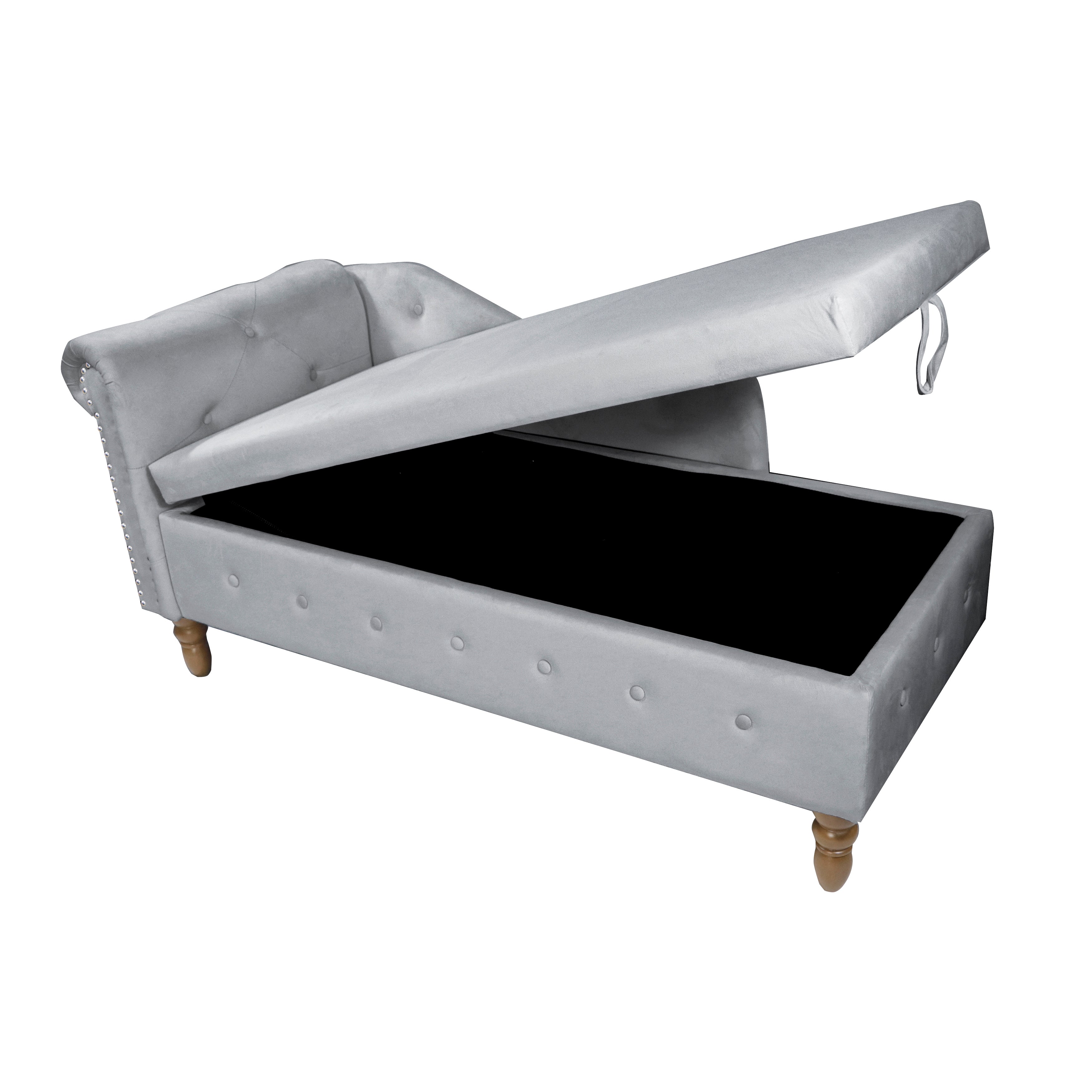 Grey Chaise Lounge Indoor Velvet Lounge Chair for Bedroom with Storage & Pillow Modern Upholstered Rolled Arm Chase Lounge